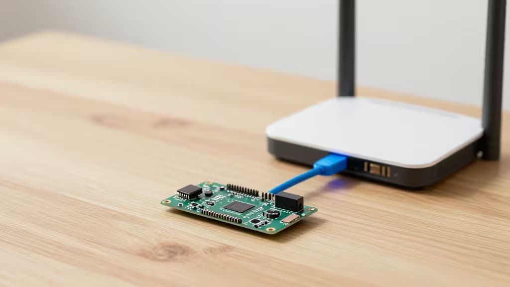 A small single-board computer sitting next to a compact Wi-Fi router on a wooden desk, connected by a glowing network cable, representing DIY budget VPN routing.