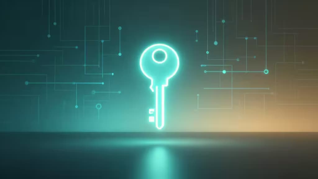 Abstrakcyjny cyfrowy sejf z świecącym zaszyfrowanym kluczem na ciemnym tle z kryptograficznym wzorem siatki