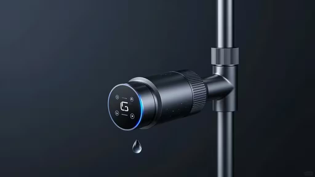 Valvola di chiusura smart nera con anello blu luminoso e display digitale, montata su un tubo, con una singola goccia d'acqua che cade sotto.