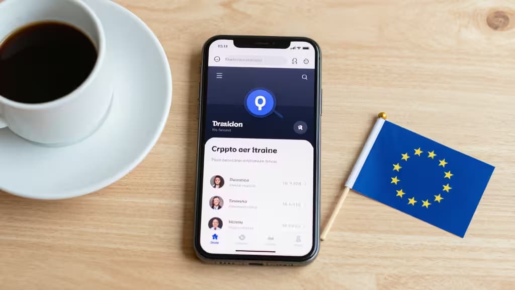 Smartphone displays crypto app beside coffee cup and EU flag on wooden surface.