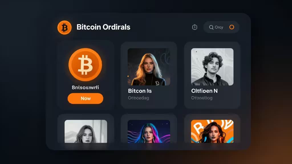Dark UI displays Bitcoin Ordinals NFTs with profile images and 'Now' action button.