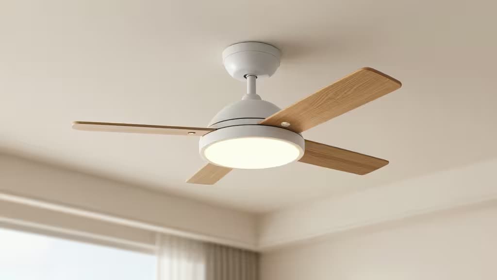 White matte fan with four light oak blades and a circular LED light fixture, mounted centrally on a cream ceiling.