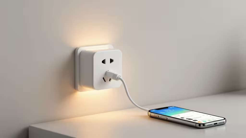 Un enchufe inteligente blanco con indicador LED se conecta mediante cable a un smartphone que muestra una app de monitorización de energía sobre una superficie limpia.
