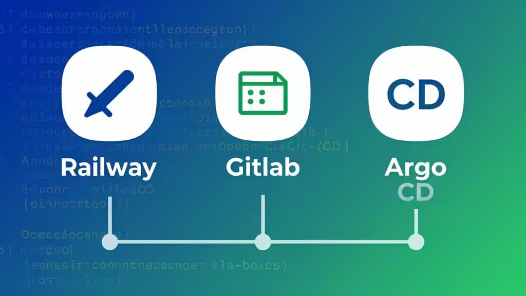 Tres iconos de herramientas CI/CD —Railway, GitLab, Argo CD— alineados en una línea de tiempo sobre un fondo degradado.