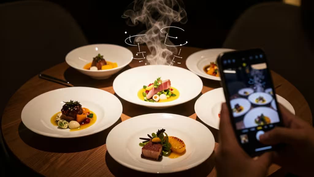 Overhead view of an elegant restaurant table with plated dishes and a smartphone capturing food photography, with subtle AI-inspired digital overlay elements blending into rising steam.