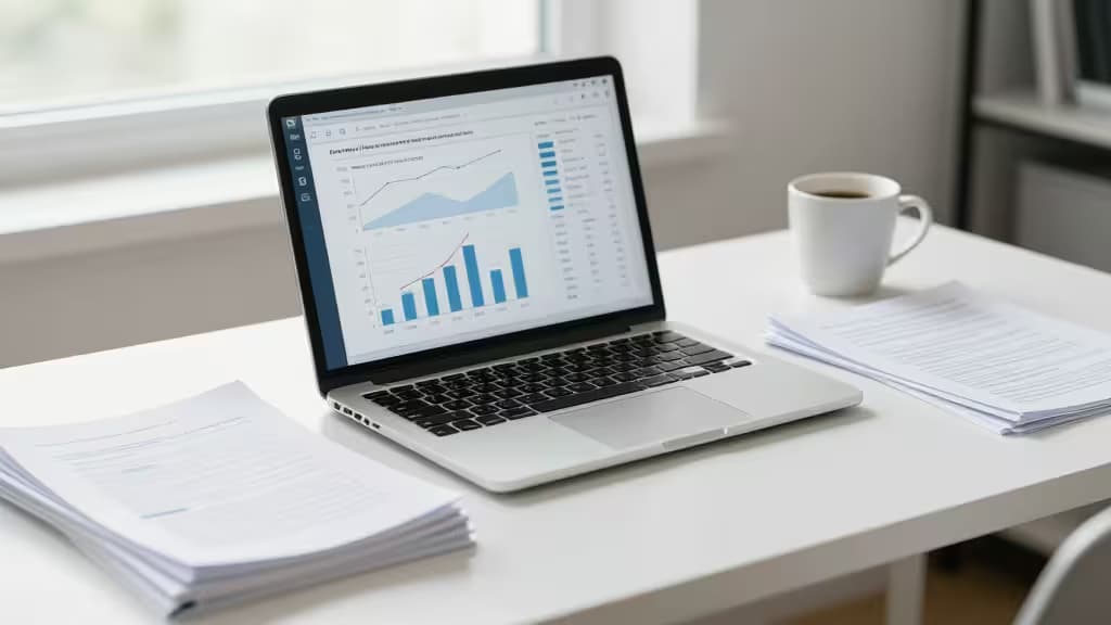 Laptop displays data charts, flanked by papers and coffee on a bright desk.