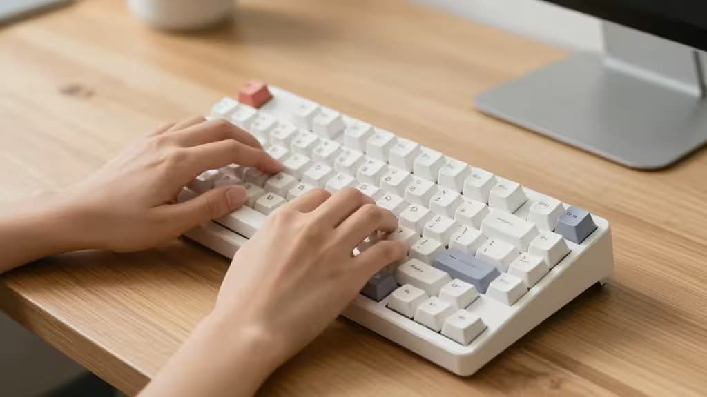 White compact mechanical keyboard with pastel accents on light wood desk, hands typing.