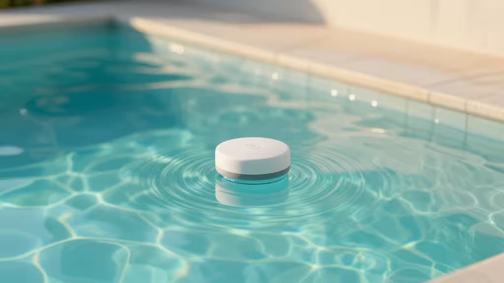 Een rustig achtertuinzwembad bij gouden uur met een kleine drijvende slimme sensor op het wateroppervlak