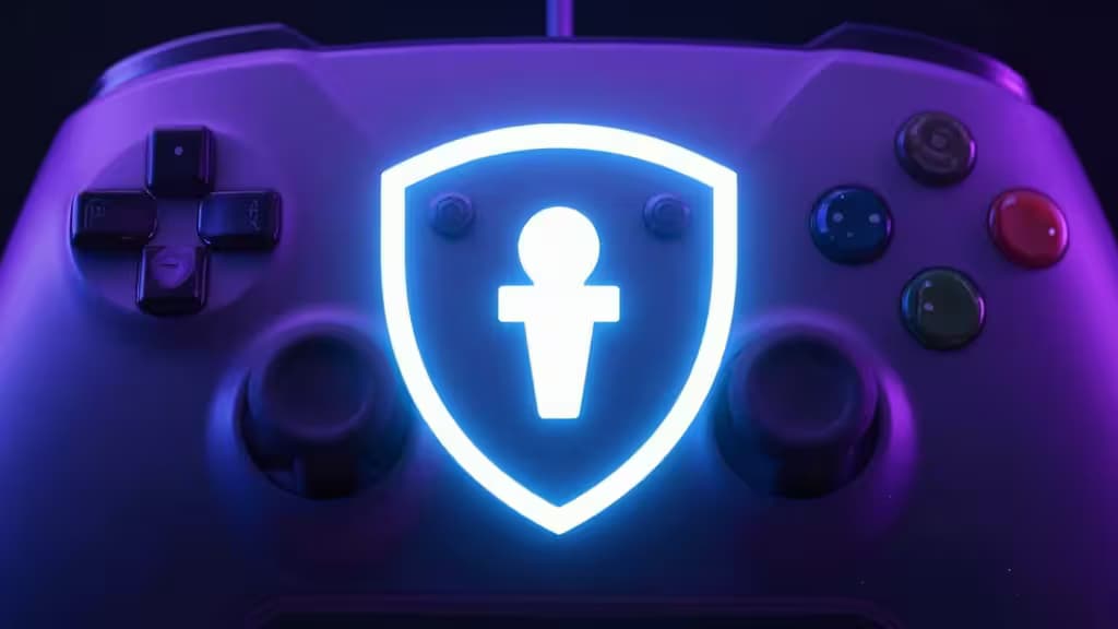 Manette de jeu avec un bouclier lumineux symbolisant la sécurité de l'authentification à deux facteurs pour les gamers.