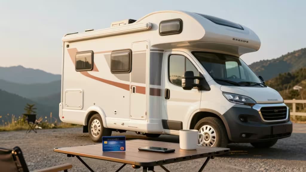 White RV parked at scenic campsite; credit card rests on wooden table beside coffee mug.