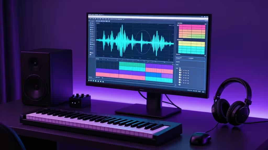 Estudio de producción musical moderno con pantalla mostrando formas de onda y pistas de audio separadas por colores, teclado MIDI y auriculares profesionales bajo iluminación LED azul y púrpura.