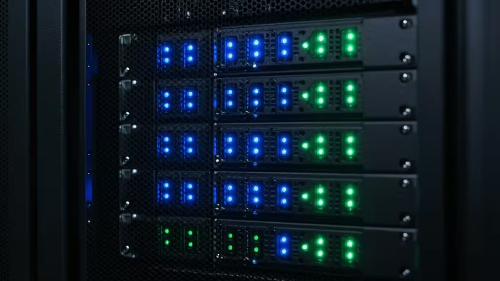 Stacked server racks glow with blue and green LEDs, symbolizing secure, affordable self-hosted CI/CD infrastructure.