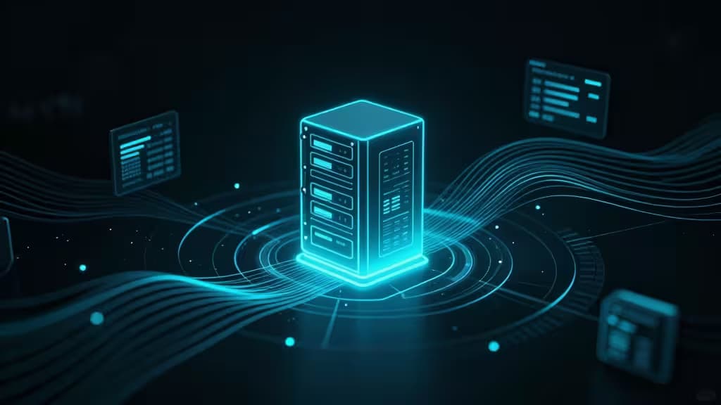 Glowing server rack with data streams and floating UI panels, symbolizing real-time Node.js monitoring.