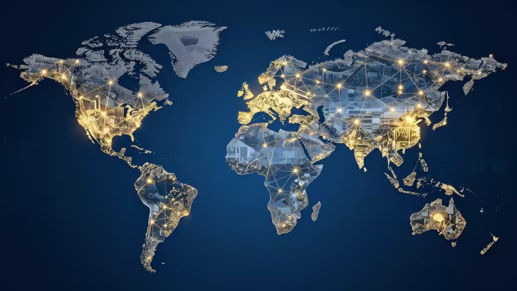 A glowing, translucent world map with interconnected nodes symbolizes global cryptocurrency exchange availability and international fiat on-ramp connectivity.