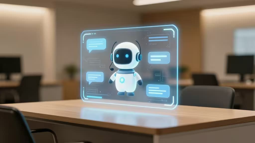 Un chatbot AI olografico fluttua sopra una scrivania moderna, circondato da elementi di interfaccia luminosi.