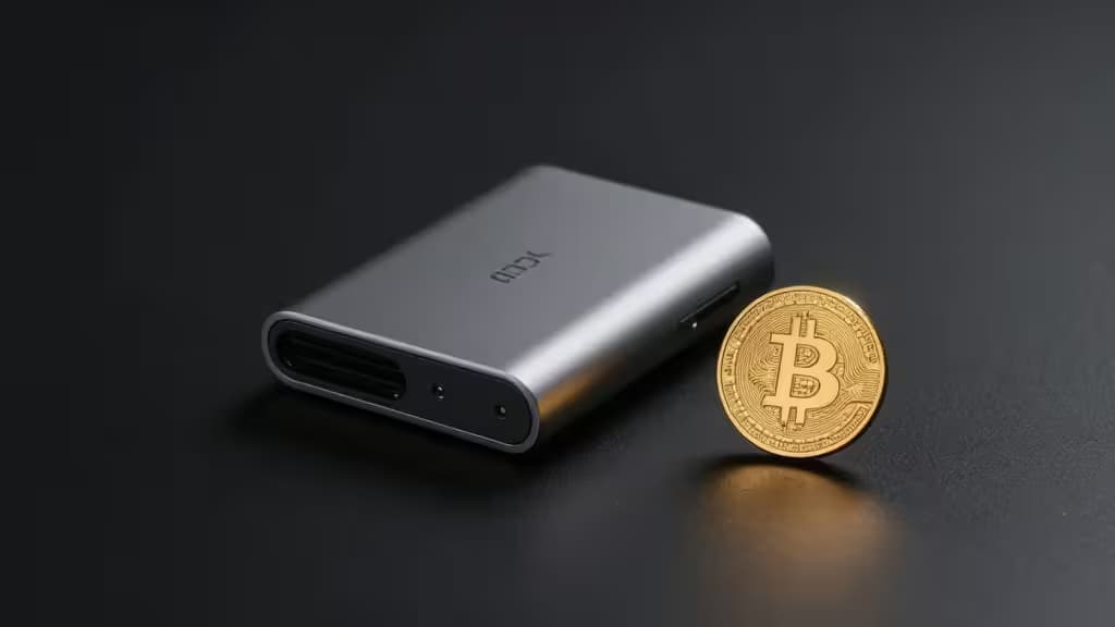 Een Bitcoin hardware wallet op een donker oppervlak met een gouden Bitcoin-symbool ernaast, minimalistische productfotografie