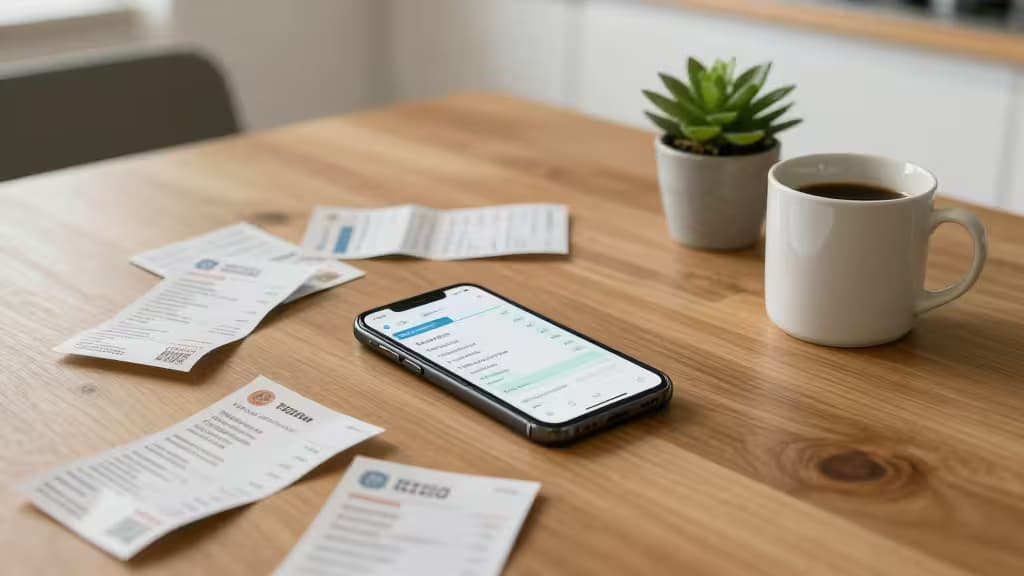 Smartphone budget dashboard rests on a wooden table beside scattered receipts, a coffee mug, and a small succulent plant.