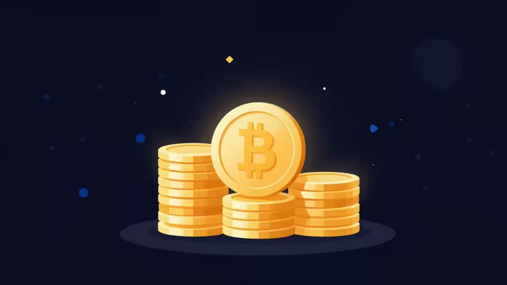 Pile de pièces Bitcoin dorées sur fond bleu foncé avec des particules numériques flottantes.