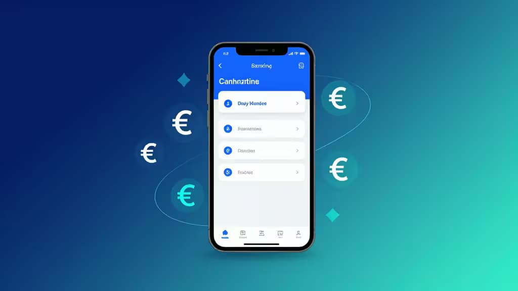 A smartphone displays a neobank app interface with floating Euro symbols on a blue-to-teal gradient background.