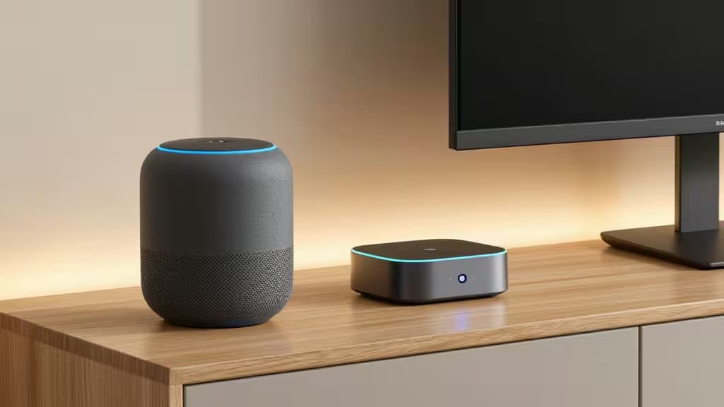 Un altavoz inteligente de tela y un hub metálico con anillos luminosos sobre una estantería de madera clara junto a un monitor.