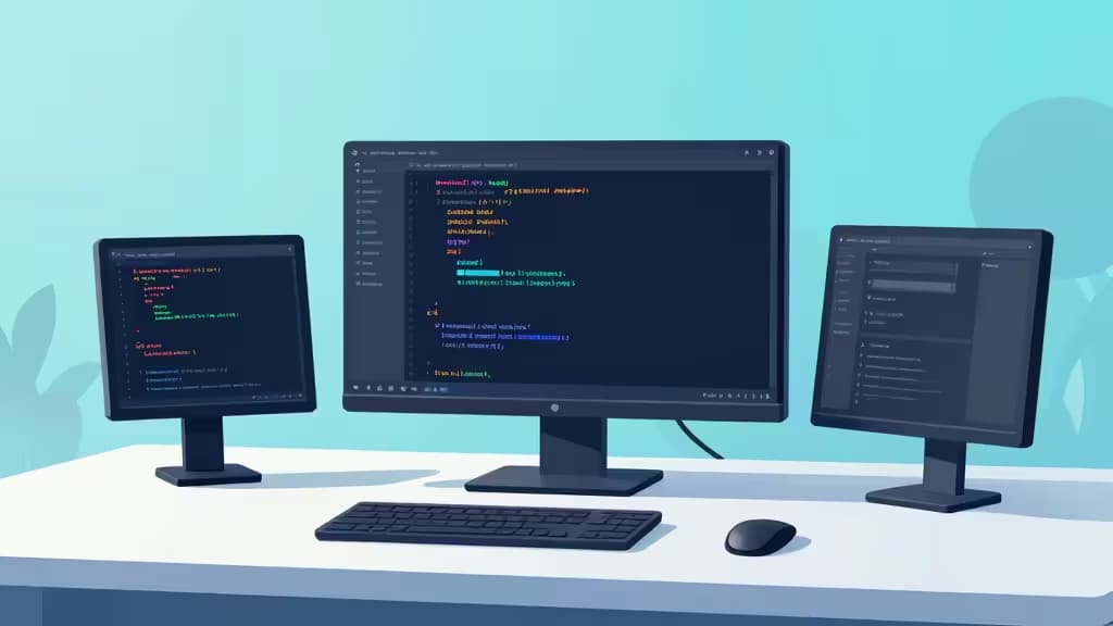 Three sleek monitors display code on a white desk, illustrating an AI-enhanced enterprise coding workspace.