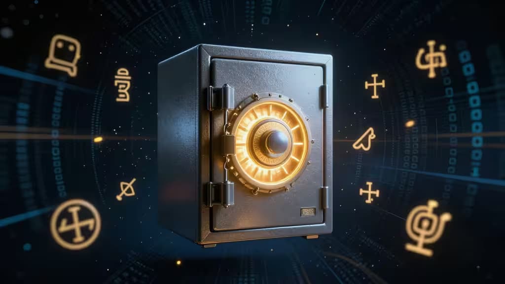 Glowing vault surrounded by digital symbols, representing secure storage of crypto seed phrases with advanced encryption and zero-knowledge design.