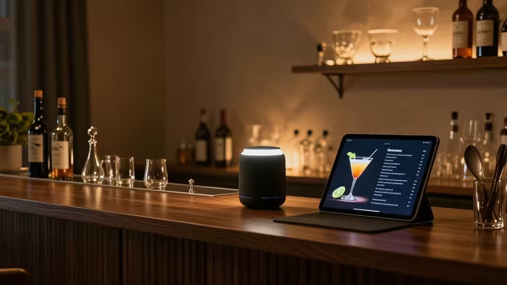 木目調のバーカウンターにEcho Show 8とEchoスピーカーが置かれ、温かみのある照明に照らされた大人の空間。
