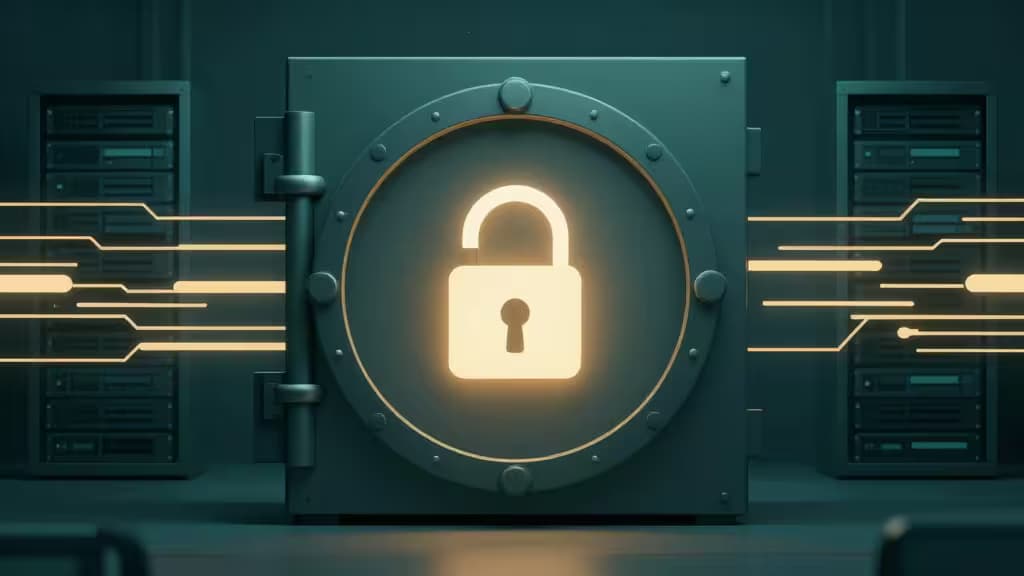 Puerta de bóveda metálica con candado brillante, flanqueada por racks de servidores y flujos de datos tipo circuito, simbolizando la gestión segura de contraseñas self-hosted.