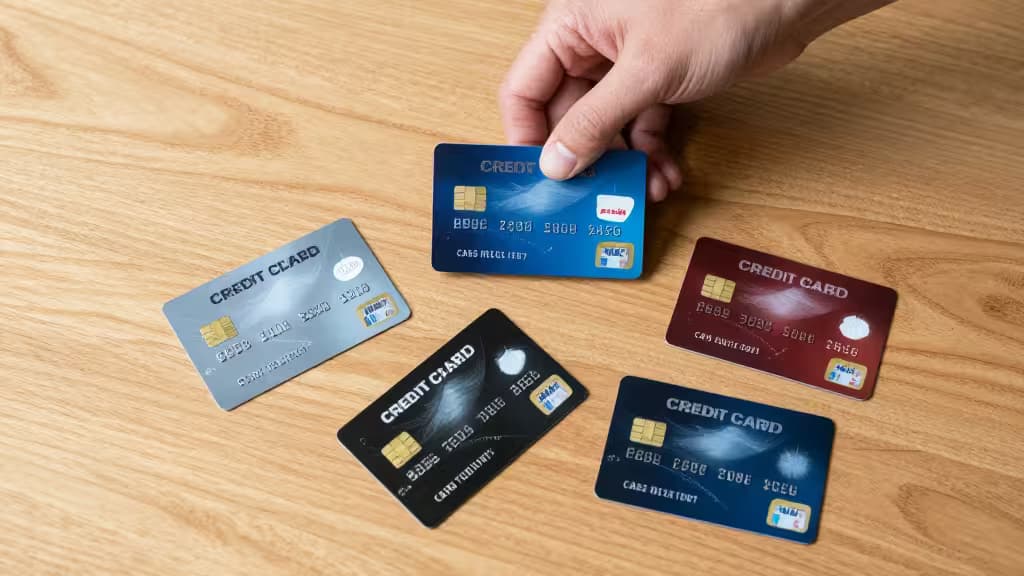 A hand selects a blue credit card from five others on a wooden surface.