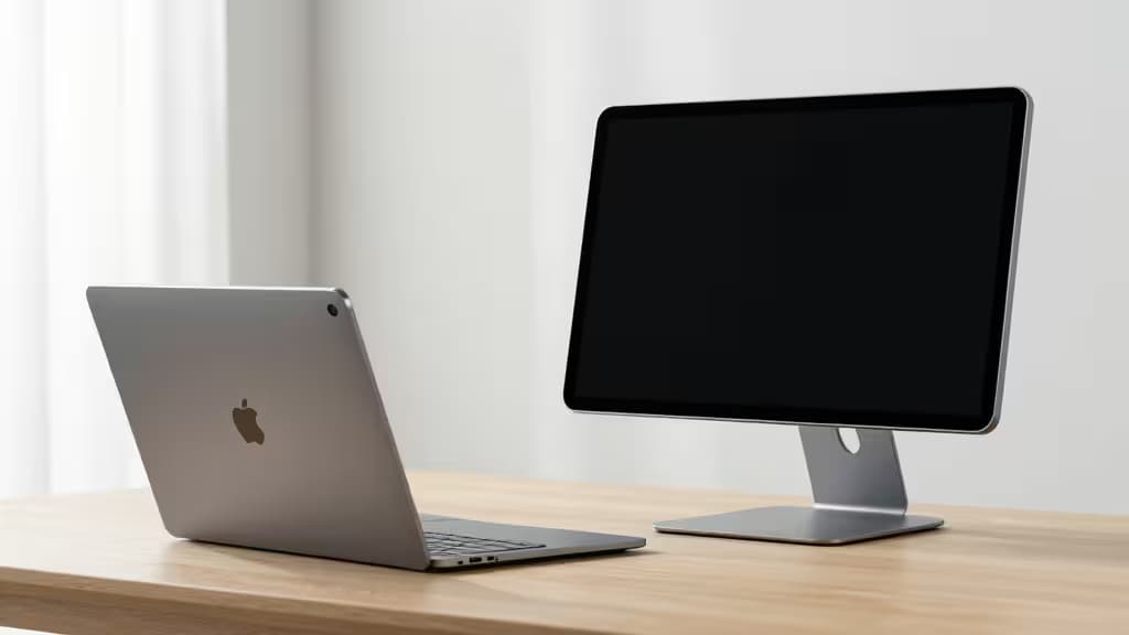 Un iPad Pro argenté et un écran portable noir sur un bureau en bois clair.