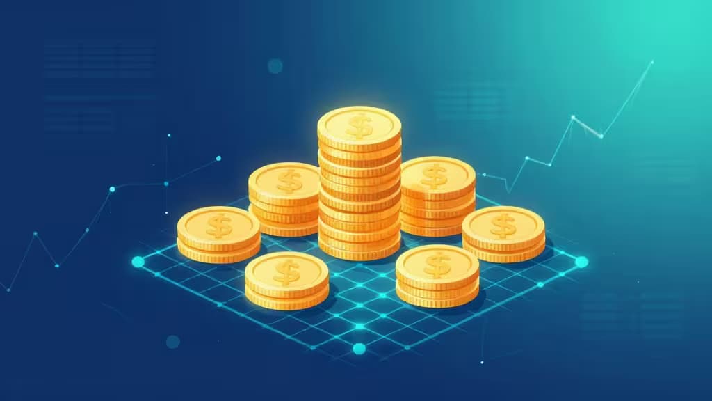 Abstract illustration of golden coins stacked on a blockchain network grid with upward-trending data lines, representing stablecoin yield farming