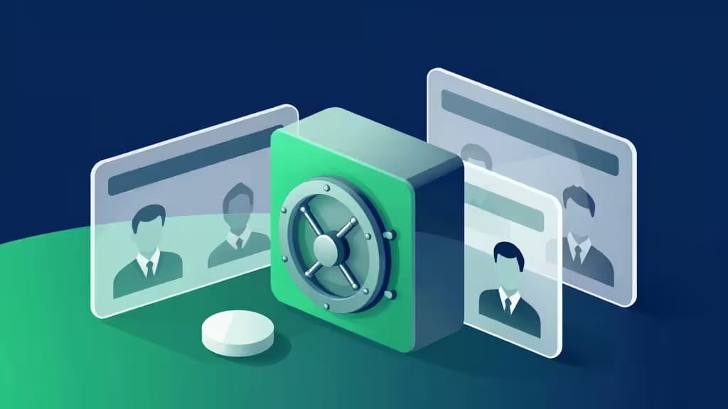 Green safe with metallic dial sits on teal surface, flanked by translucent cards showing business profiles against deep blue background.