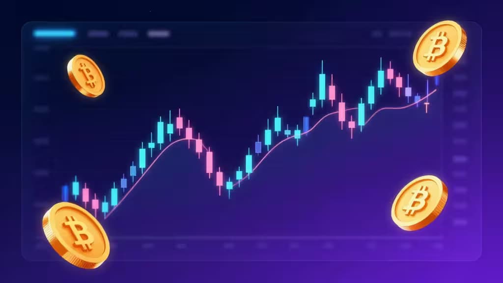 Monedas doradas de Bitcoin flotan alrededor de un gráfico de velas en ascenso sobre una pantalla digital brillante.