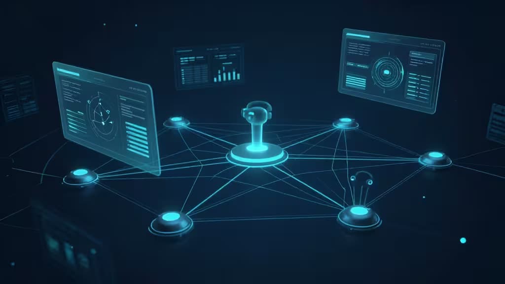 Glowing blue holographic dashboards and network nodes visualize real-time edge computing observability.