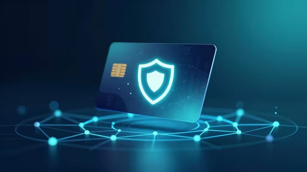 Glowing blue credit card with shield icon hovers above digital network on dark surface.