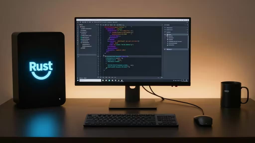 A sleek monitor displays Rust code on a developer's workspace, featuring a glowing Rust logo and IDE interface.