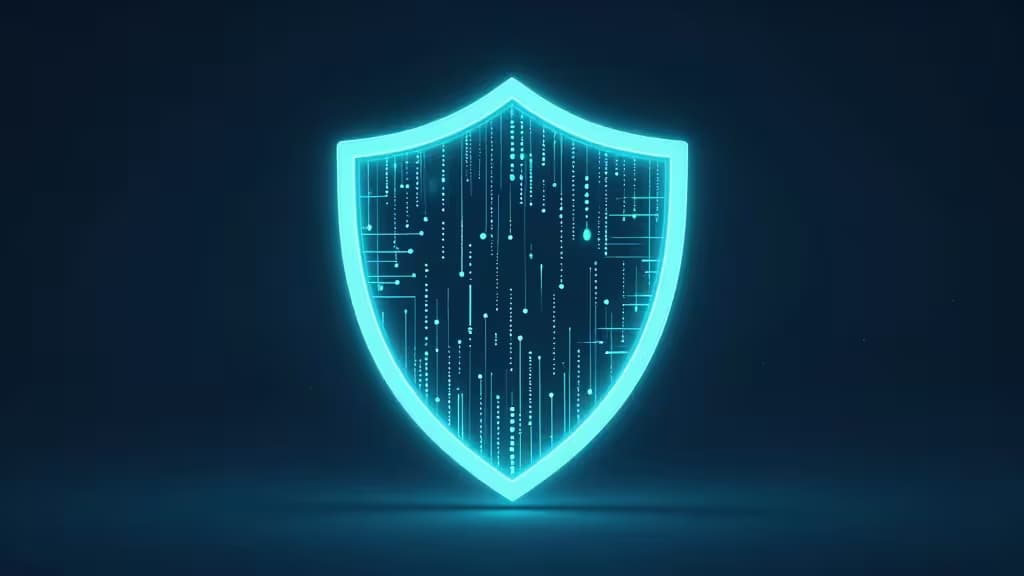 Glowing cyan shield with circuit patterns, symbolizing secure, no-log VPN protection.