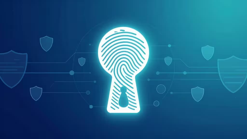 Glowing fingerprint keyhole icon surrounded by digital shields on blue gradient background.