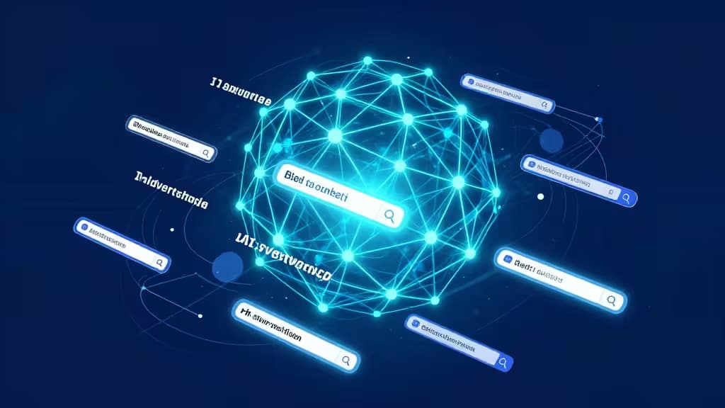Illustration abstraite d'un réseau de neurones générant des formats d'annonces publicitaires, dans une palette bleu profond et turquoise.