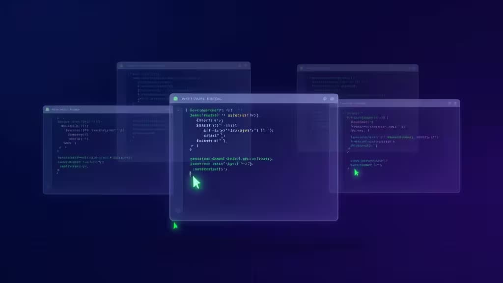 Floating translucent code windows display Python scripts against a dark gradient background.