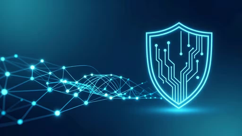 A glowing circuit shield protects a network of interconnected nodes, symbolizing secure VPN solutions for AI tools and API access.