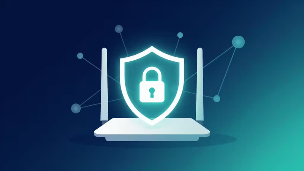 Glowing shield with padlock hovers above sleek white router against deep blue gradient background.