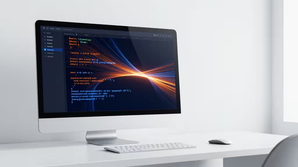 Een strak monitor toont levendige Rust-code op een minimalistische witte bureau-opstelling.
