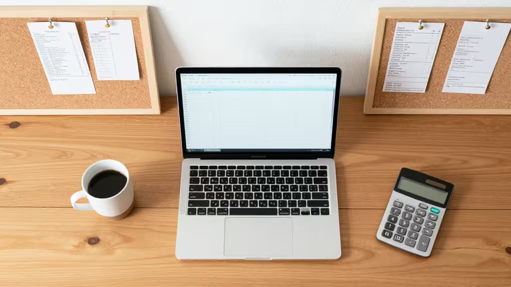 Laptop, calculator, coffee, and corkboards with expense sheets on wooden desk.