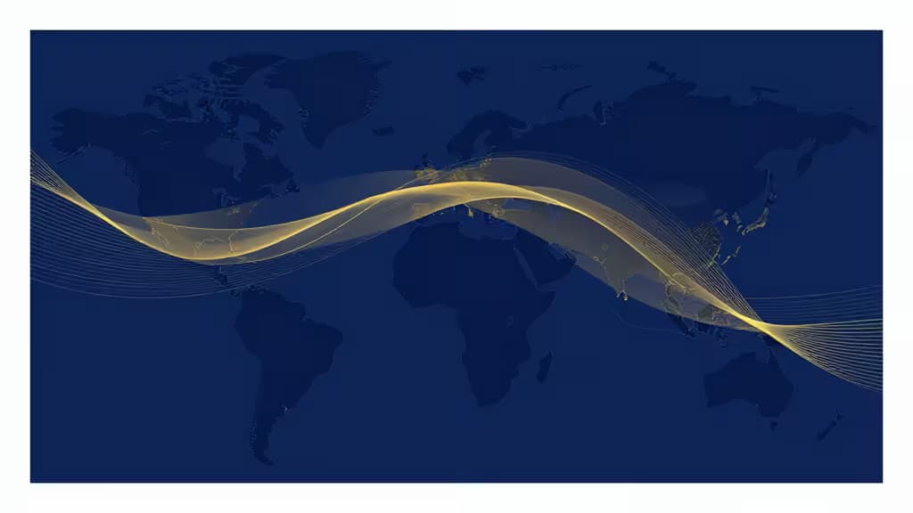 Golden data streams flow across a dark blue world map, symbolizing global financial transfers.