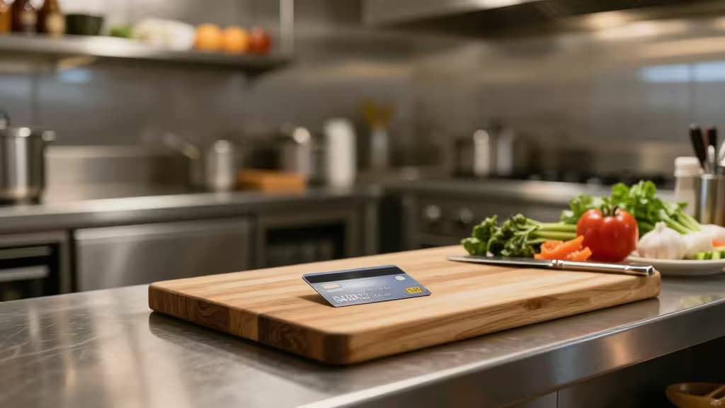Nowoczesna kuchnia restauracyjna ze stali nierdzewnej z kartą kredytową na drewnianej desce obok świeżych składników
