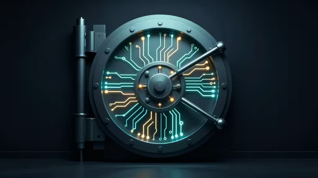 A glowing circuit-board vault door symbolizes secure, self-hosted digital password storage.