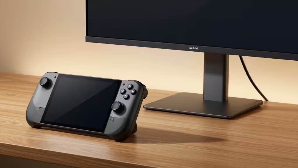 Un Steam Deck OLED posé sur un bureau en bois à côté d'un moniteur portable Dell, éclairage ambiant chaud.