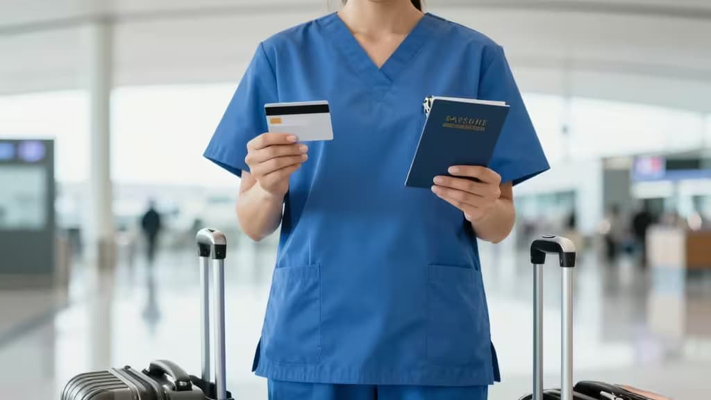 A nurse in blue scrubs holds a credit card and passport, standing beside luggage in an airport terminal.