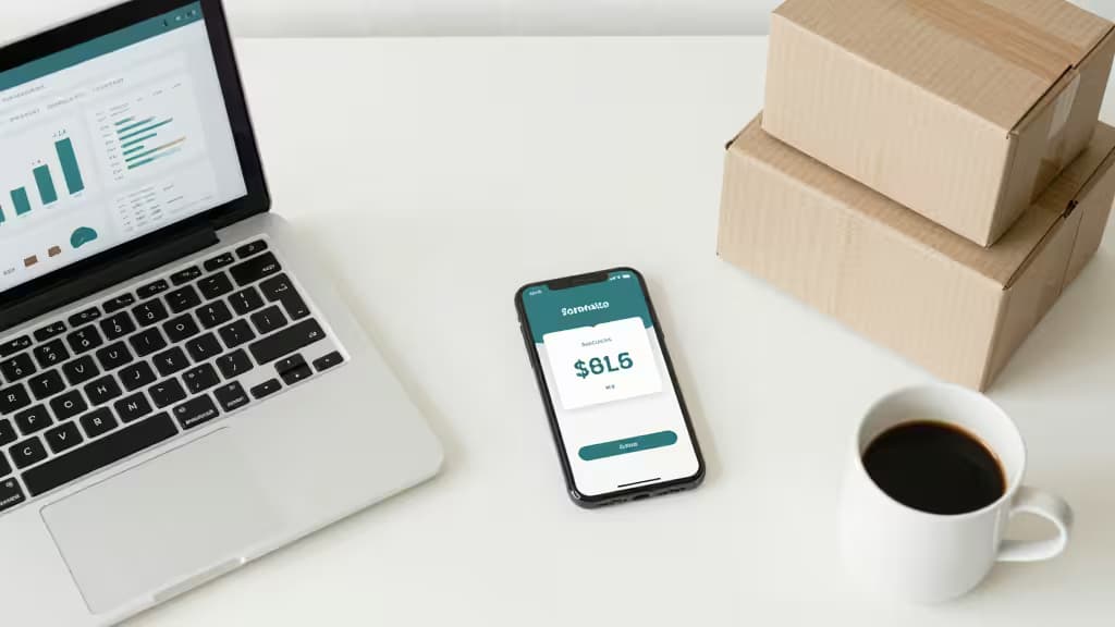An e-commerce seller's desk with a laptop displaying financial dashboards, stacked shipping boxes, and a smartphone showing a sales notification.